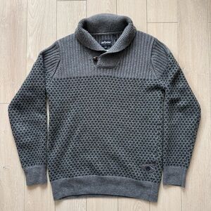 BARBOUR Windale Men’s Chunky Knit Wool Sweater Small Gray Shawl Collar Jacquard